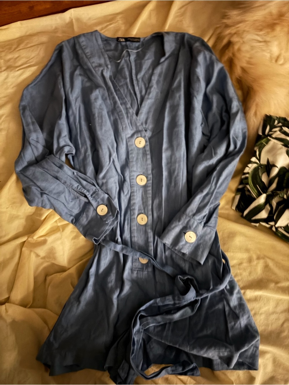 Zara Pale Blue Long Sleeve Button-Front Trench with Waist Tie
